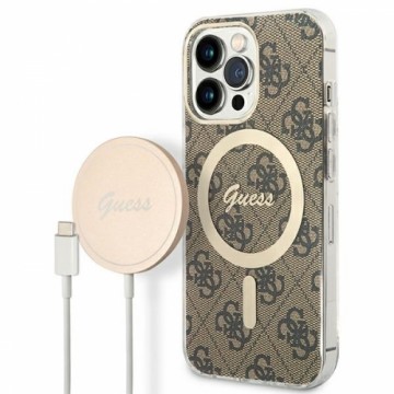 Zestaw Guess GUBPP13XH4EACSW Case+ Charger iPhone 13 Pro Max brązowy|brown hard case 4G Print MagSafe