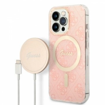 Zestaw Guess GUBPP13XH4EACSP Case+ Charger iPhone 13 Pro Max różowy|pink hard case 4G Print MagSafe