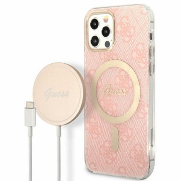Zestaw Guess GUBPP12MH4EACSP Case+ Charger iPhone 12|12 Pro różowy|pink hard case 4G Print MagSafe