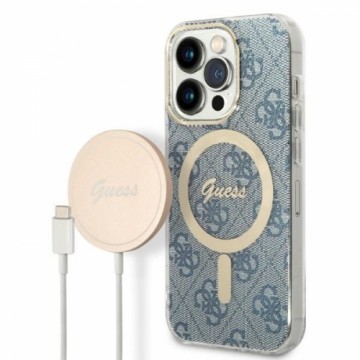 Guess 4G MagSafe Compatible Case + Wireless Charger for iPhone 14 Pro Max Blue