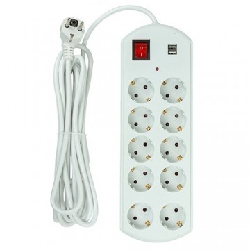 EXD Extension cord 5m, 10 sockets, 2x USB, with switch