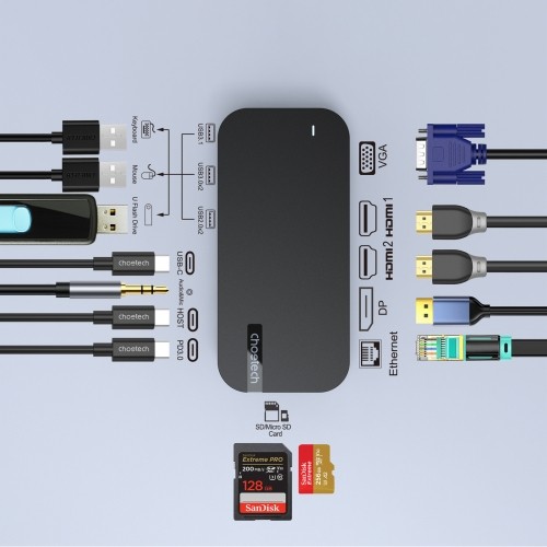 Choetech HUB Choetch M52 USB-C - USB-C PD|USB-C|USB-A|HDMI|VGA|DP|SD|TF|RJ45|AUX - gray image 5