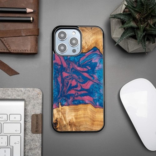 Apple Wood and Resin Case for iPhone 14 Pro Max Bewood Unique Vegas - Pink and Blue image 2