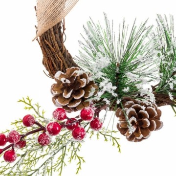 Bigbuy Christmas Ziemassvētku vainags Balts Sarkans Zaļš Dabisks Rotangpalma Plastmasa Ananāsi 25 x 25 cm