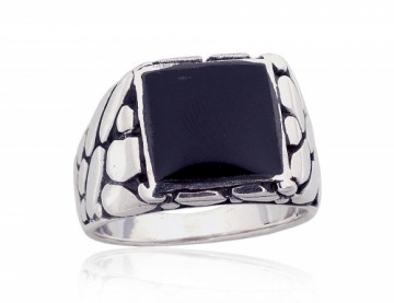 Серебряное кольцо #2101864(POx-Bk)_ON, Серебро 925°, оксид (покрытие), Оникс, Размер: 19.5, 13.2 гр.