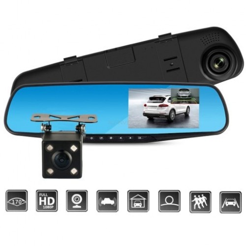 RoGer 2in1 Auto video Reģistrātors ar Spogulis un atpakaļskata Kameru / Full HD / 170' / G-Sensor / MicroSD / LCD 5'' image 1
