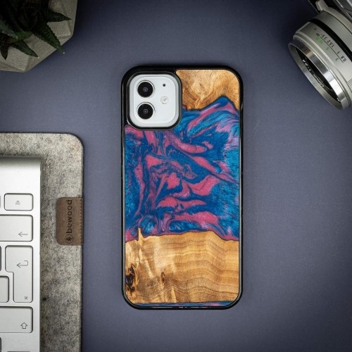 Wood and Resin Case for iPhone 12|12 Pro Bewood Unique Vegas - Pink and Blue image 2