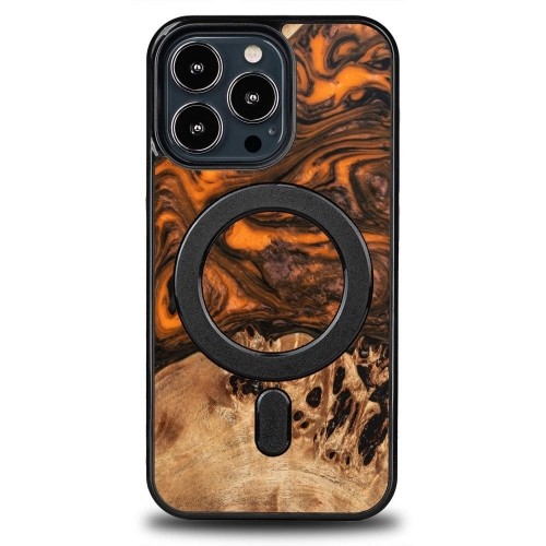 Wood and Resin Case for iPhone 13 Pro MagSafe Bewood Unique Orange - Orange and Black image 1