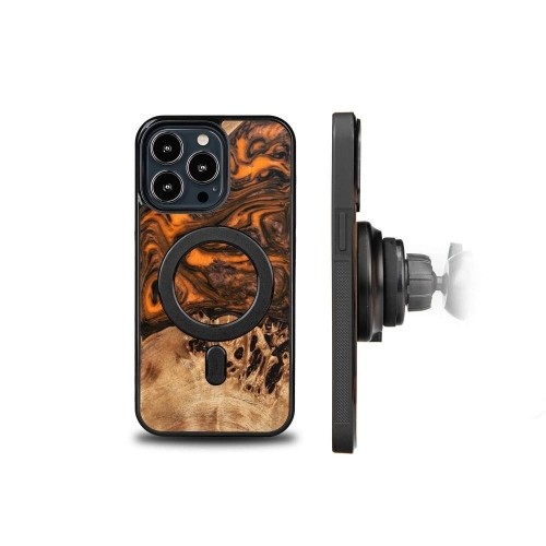 Wood and Resin Case for iPhone 13 Pro MagSafe Bewood Unique Orange - Orange and Black image 2