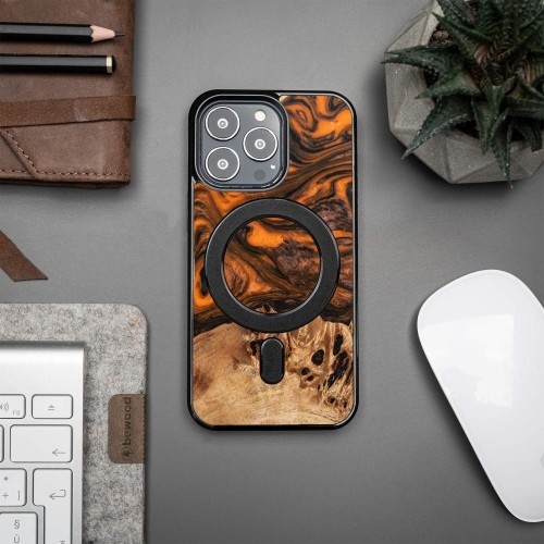 Wood and Resin Case for iPhone 13 Pro MagSafe Bewood Unique Orange - Orange and Black image 3