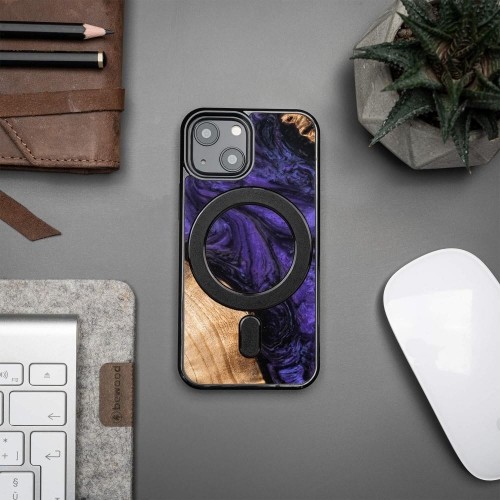 Wood and Resin Case for iPhone 13 Mini MagSafe Bewood Unique Violet - Purple and Black image 3