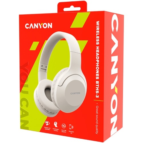 CANYON BTHS-3, Bluetooth headset,with microphone, BT V5.1 JL6956, battery 300mAh, Type-C charging plug, PU material, size:168*190*78mm, charging cable 30cm and audio cable 100cm, Beige image 5