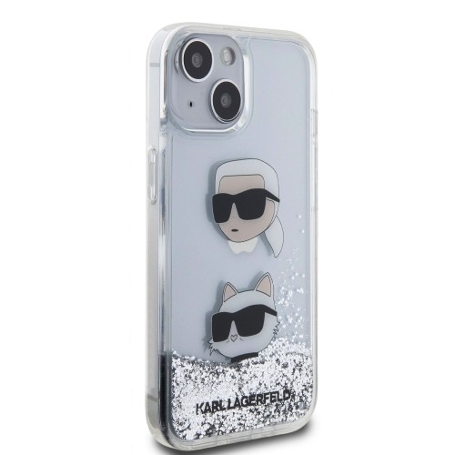 Karl Lagerfeld Liquid Glitter Karl and Choupette Head Case for iPhone 15 Silver image 2