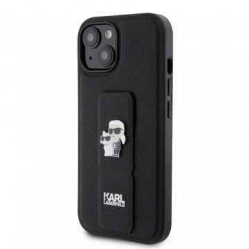 Karl Lagerfeld Saffiano Grip Stand Metal Logo Case for iPhone 15 Black
