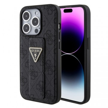 Guess PU Grip Stand 4G Strass Triangle Metal Logo Case for iPhone 15 Pro Black