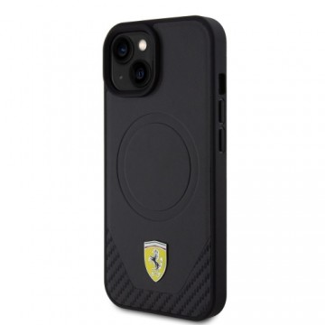 Ferrari PU Leather Bottom Carbon MagSafe Case for iPhone 15 Plus Black