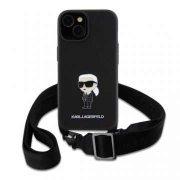 Karl Lagerfeld Saffiano Crossbody Metal Ikonik Case for iPhone 15 Black