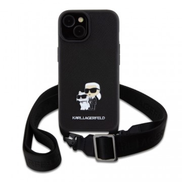 Karl Lagerfeld Saffiano Crossbody Metal Karl and Choupette Case for iPhone 15 Black
