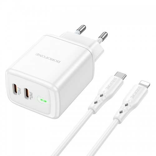 OEM Borofone Wall charger BN9 Reacher - 2xType C - QC 3.0 PD 35W with Type C to Lightning cable white image 4