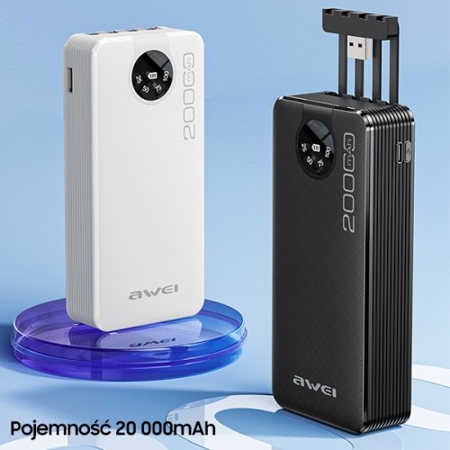 AWEI PowerBank P134K 20000mAh czarny|black wyświetlacz + kable USB|PD|Lightning|MicroUSB image 3