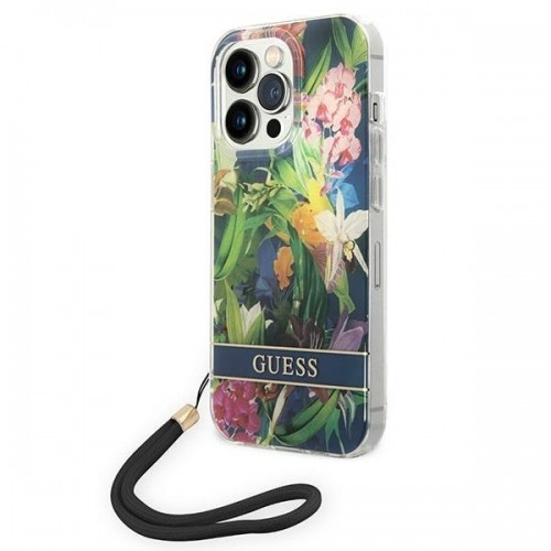 Guess GUOHCP14XHFLSB iPhone 14 Pro Max 6,7" niebieski|blue hardcase Flower Strap image 1
