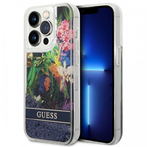 Guess GUHCP14XLFLSB iPhone 14 Pro Max 6,7" niebieski|blue hardcase Flower Liquid Glitter image 1