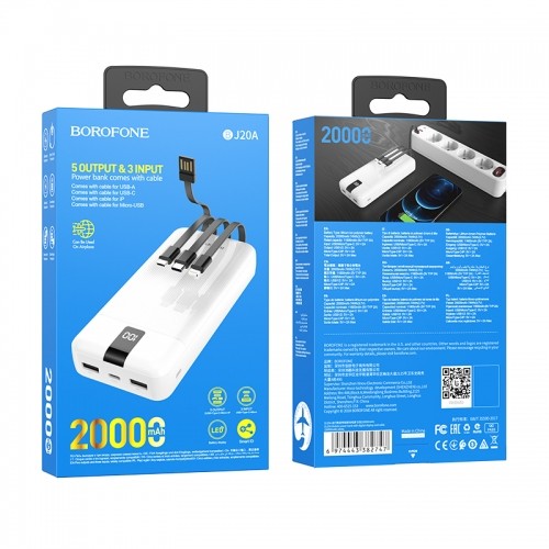 OEM Borofone Power Bank 20000mAh BJ20A Mobile - 2xUSB - with 3 in 1 Micro USB, Type C, Lightning cable white image 5
