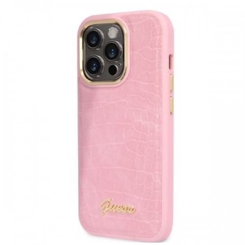 Guess PU Croco with Metal Camera Outline Case for iPhone 14 Pro Pink image 2