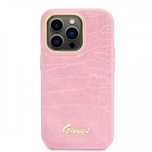 Guess PU Croco with Metal Camera Outline Case for iPhone 14 Pro Pink image 3