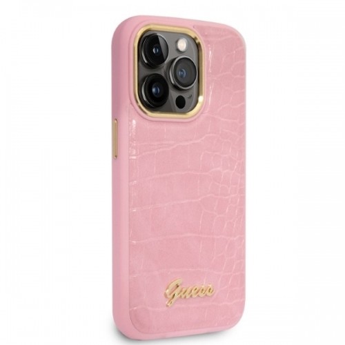 Guess PU Croco with Metal Camera Outline Case for iPhone 14 Pro Pink image 4