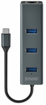 USB Centrmezgls Savio 3-port USB-C 3.1 GEN 1 hub with RJ-45 Gigabit Ethernet