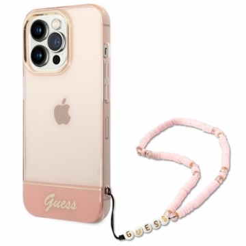 Guess PC|TPU Camera Outline Translucent Case with Strap for iPhone 14 Pro Pink
