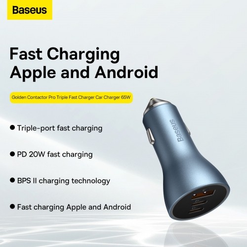 OEM Baseus Golden Contactor Pro car charger, 2x USB-C, 1x USB, 65W (blue) image 2