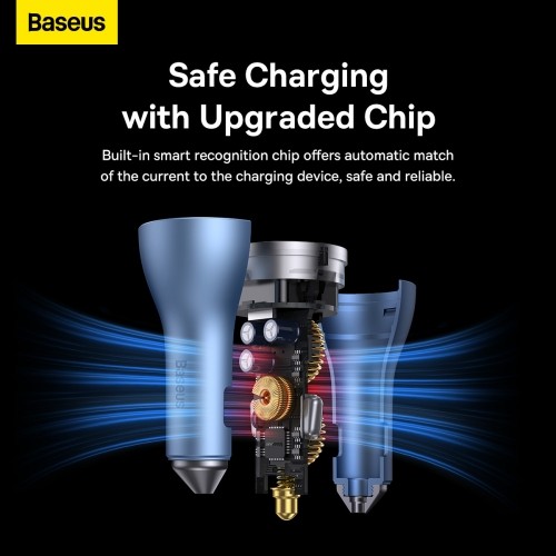 OEM Baseus Golden Contactor Pro car charger, 2x USB-C, 1x USB, 65W (blue) image 4