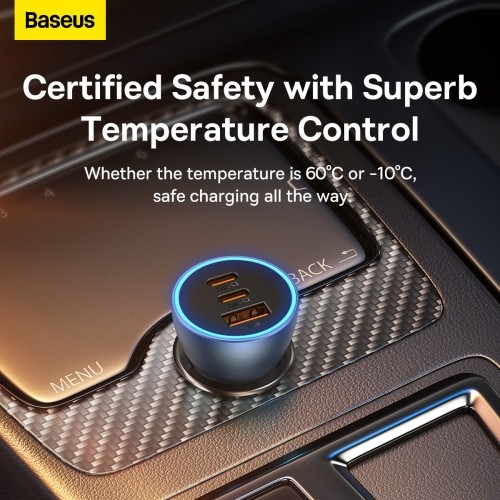 OEM Baseus Golden Contactor Pro car charger, 2x USB-C, 1x USB, 65W (blue) image 5