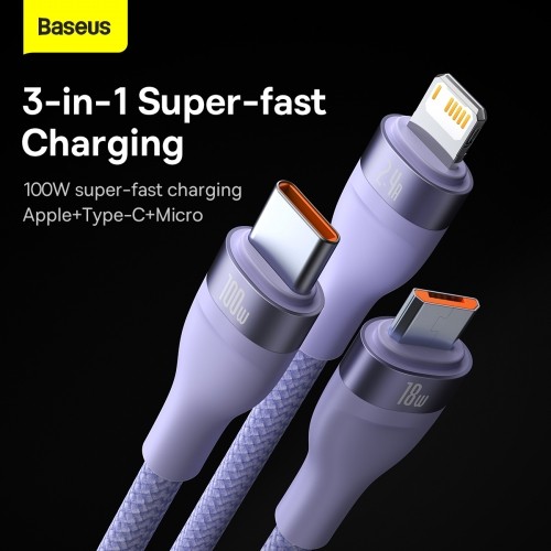 OEM 3in1 USB cable Baseus Flash Series, USB-C + micro USB + Lightning, 100W, 1.2m (purple) image 2
