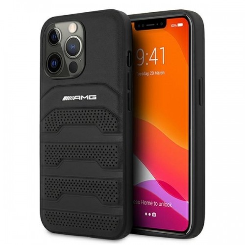 Mercedes AMHCP13LGSEBK AMG Genuine Leather Perforated Hard Case for iPhone 13 Pro Black image 1