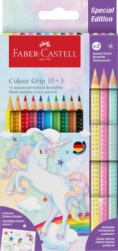 Trīsstūrveida akvareļu zīmuļi Faber-Castell Colour Grip Unicorn 10+3 krāsas