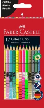 Цветный карандаши Faber-Castell Grip 12 цветов неон+металлик+пастельные в металлической коробке