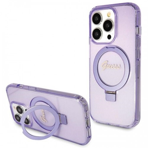 Guess GUHMP14LHRSGSU iPhone 14 Pro 6.1" fioletowy|purple hardcase Ring Stand Script Glitter MagSafe image 1