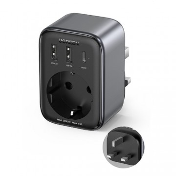 Wall charger 30W (2xUSB|USB C|AC) | adapter EU - UK 13A Ugreen CD314 - black
