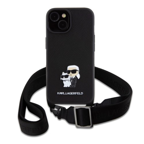 Karl Lagerfeld Saffiano Crossbody Metal Karl and Choupette Case for iPhone 15 Plus Black image 1