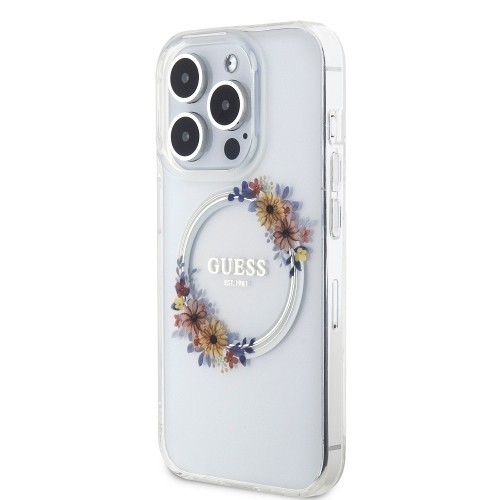 Guess PC|TPU Flowers Ring Glossy Logo MagSafe Case for iPhone 15 Pro Max Transparent image 1
