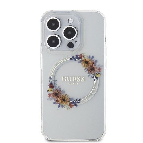 Guess PC|TPU Flowers Ring Glossy Logo MagSafe Case for iPhone 15 Pro Max Transparent image 2