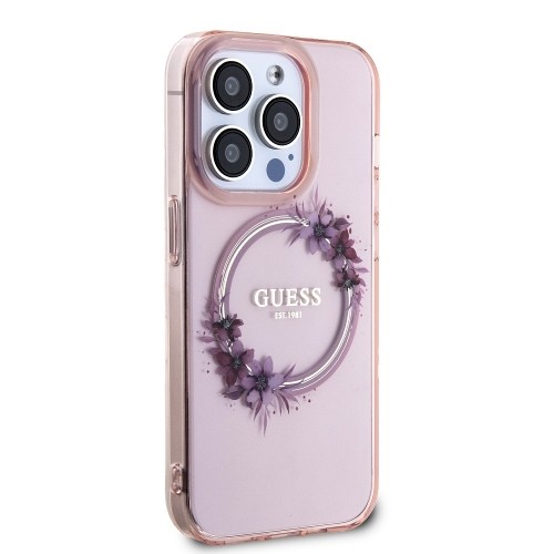 Guess PC|TPU Flowers Ring Glossy Logo MagSafe Case for iPhone 15 Pro Max Pink image 3