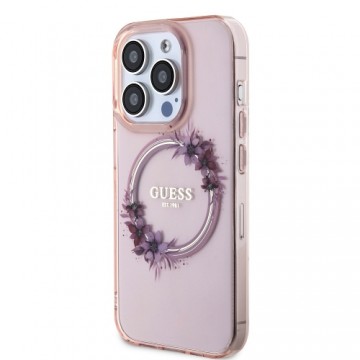 Guess PC|TPU Flowers Ring Glossy Logo MagSafe Case for iPhone 15 Pro Max Pink