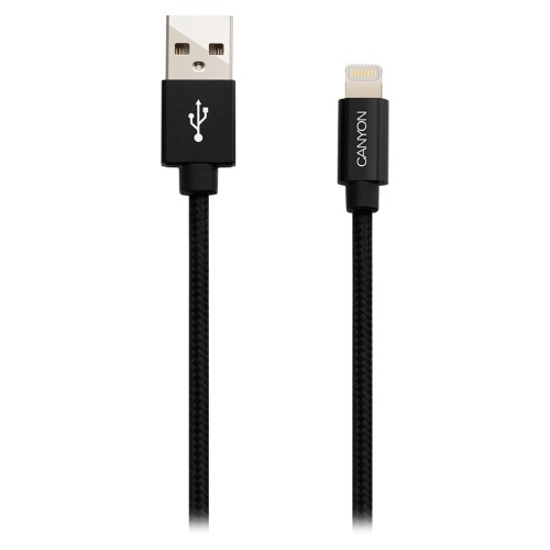 CANYON MFI-3, Charge & Sync MFI braided cable with metalic shell, USB to lightning, certified by Apple, cable length 1m, OD2.8mm, Black image 1