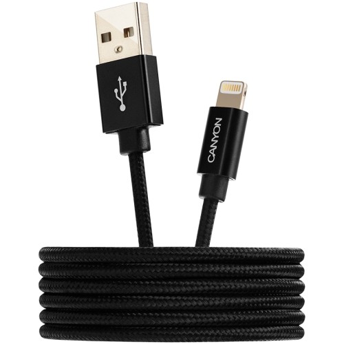 CANYON MFI-3, Charge & Sync MFI braided cable with metalic shell, USB to lightning, certified by Apple, cable length 1m, OD2.8mm, Black image 2