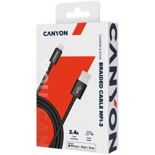 CANYON MFI-3, Charge & Sync MFI braided cable with metalic shell, USB to lightning, certified by Apple, cable length 1m, OD2.8mm, Black image 4