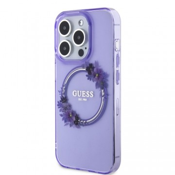 Guess PC|TPU Flowers Ring Glossy Logo MagSafe Case for iPhone 15 Pro Max Purple